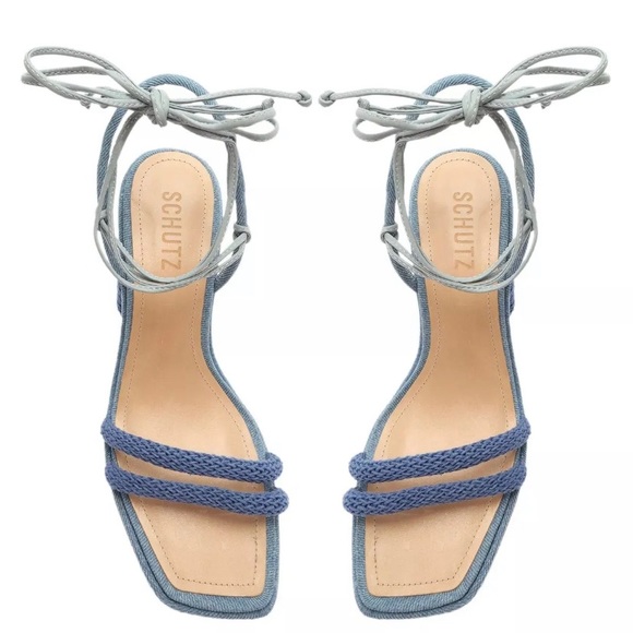 Schutz Leenah Denim Wraparound Lace Up Open Toe Block High Heel Sandals size 5 - Picture 3 of 8